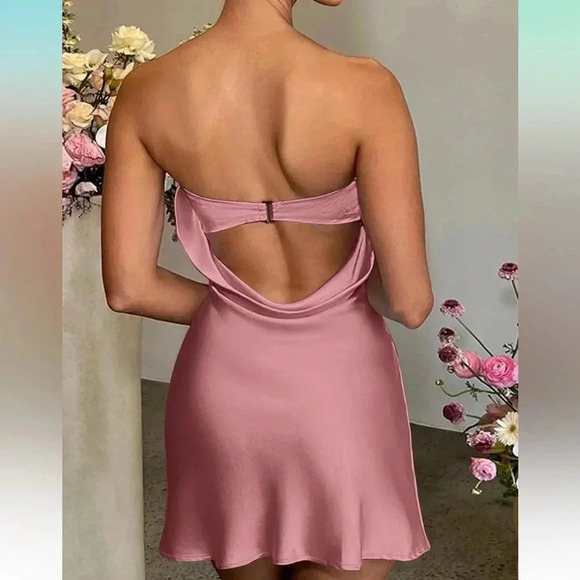 Satin Silk Hollow Out Back Strapless Tube Bodycon Mini Dress, XL, New - Picture 2 of 2